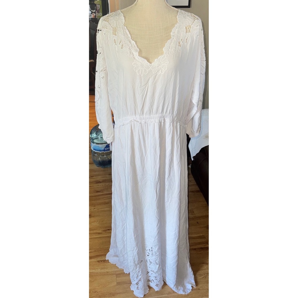 Soft Surroundings White Rayon Eyelet Embroidered Maxi Dress L Elastic Waist Boho